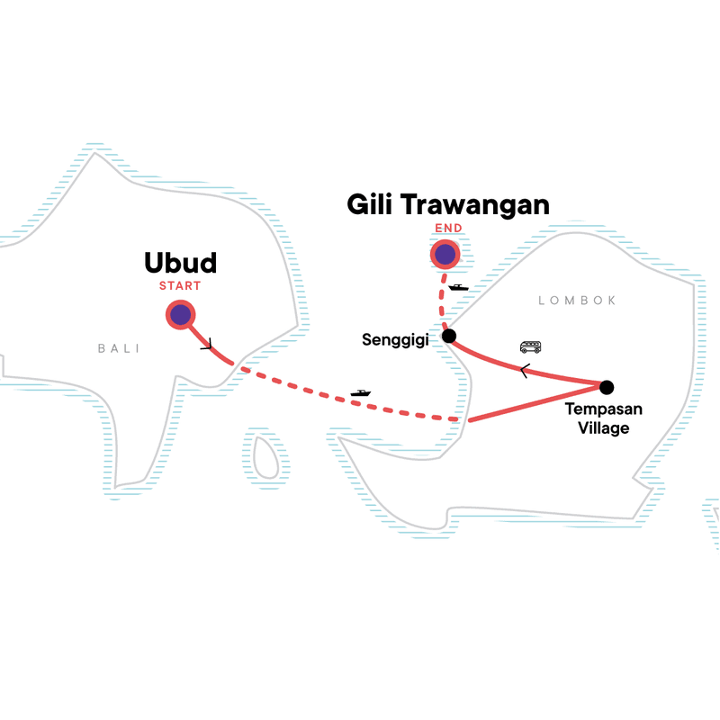 Ubud to Lombok Temples, Jungles & Island Vibes: Map