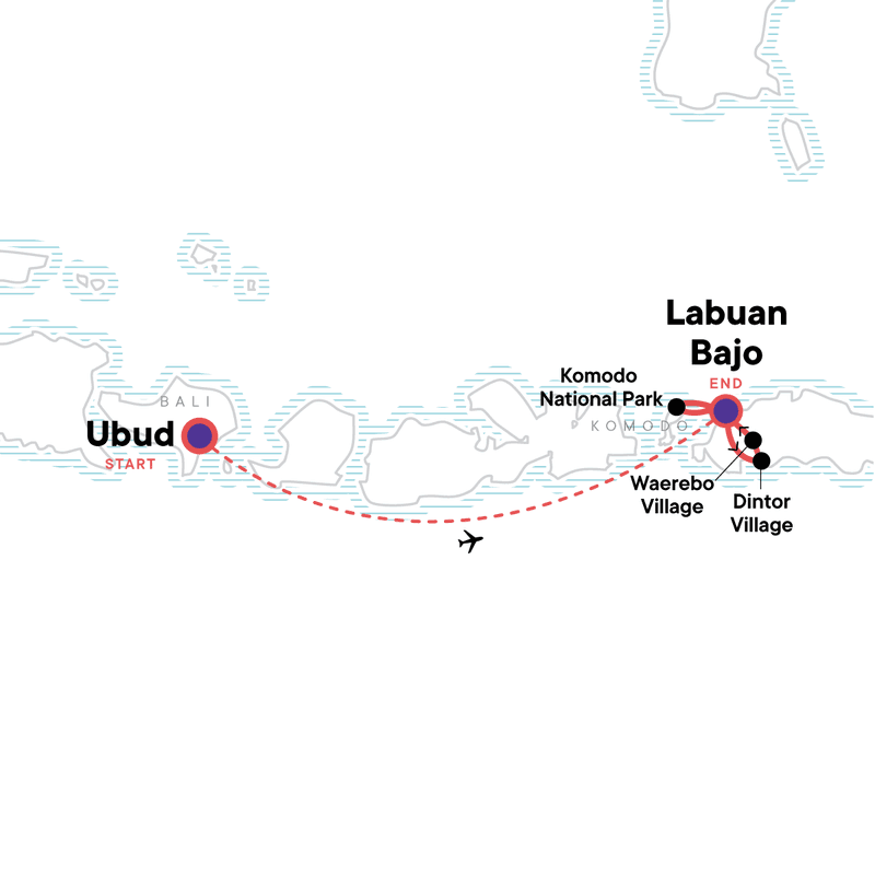 Ubud to Flores Komodo Dragons, Beaches & Tribal Treks Map